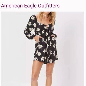 American Eagle Baby Doll  Dress Sz L Flower Power Puff Sleeve Pockets